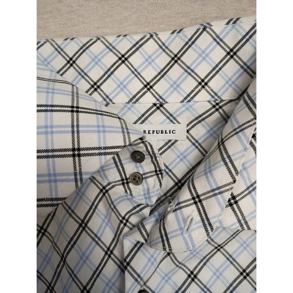 Banana Republic Mens XL Long Sleeve French Cuff Button Shirt Blue Plaid Bias